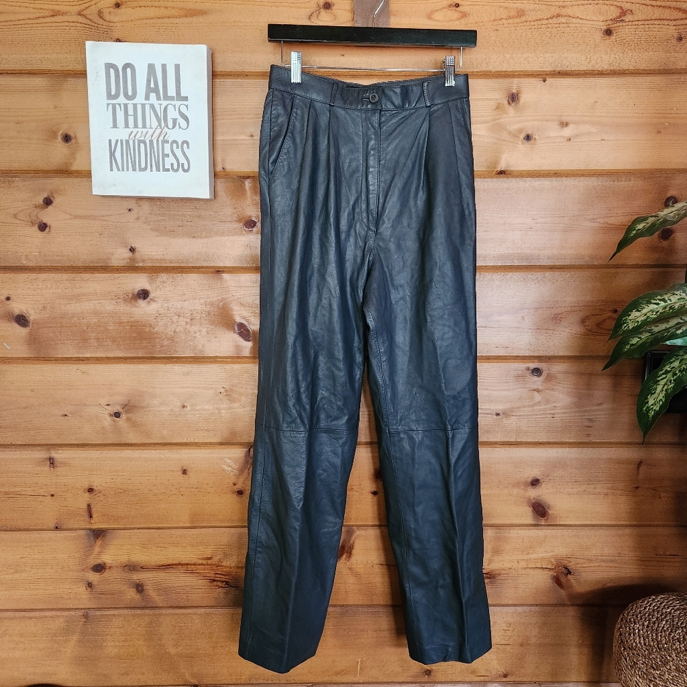 TOFFS Vintage Gray Leather High Waist Trouser Pants Pleated Retro 80s Sz 12 X30"